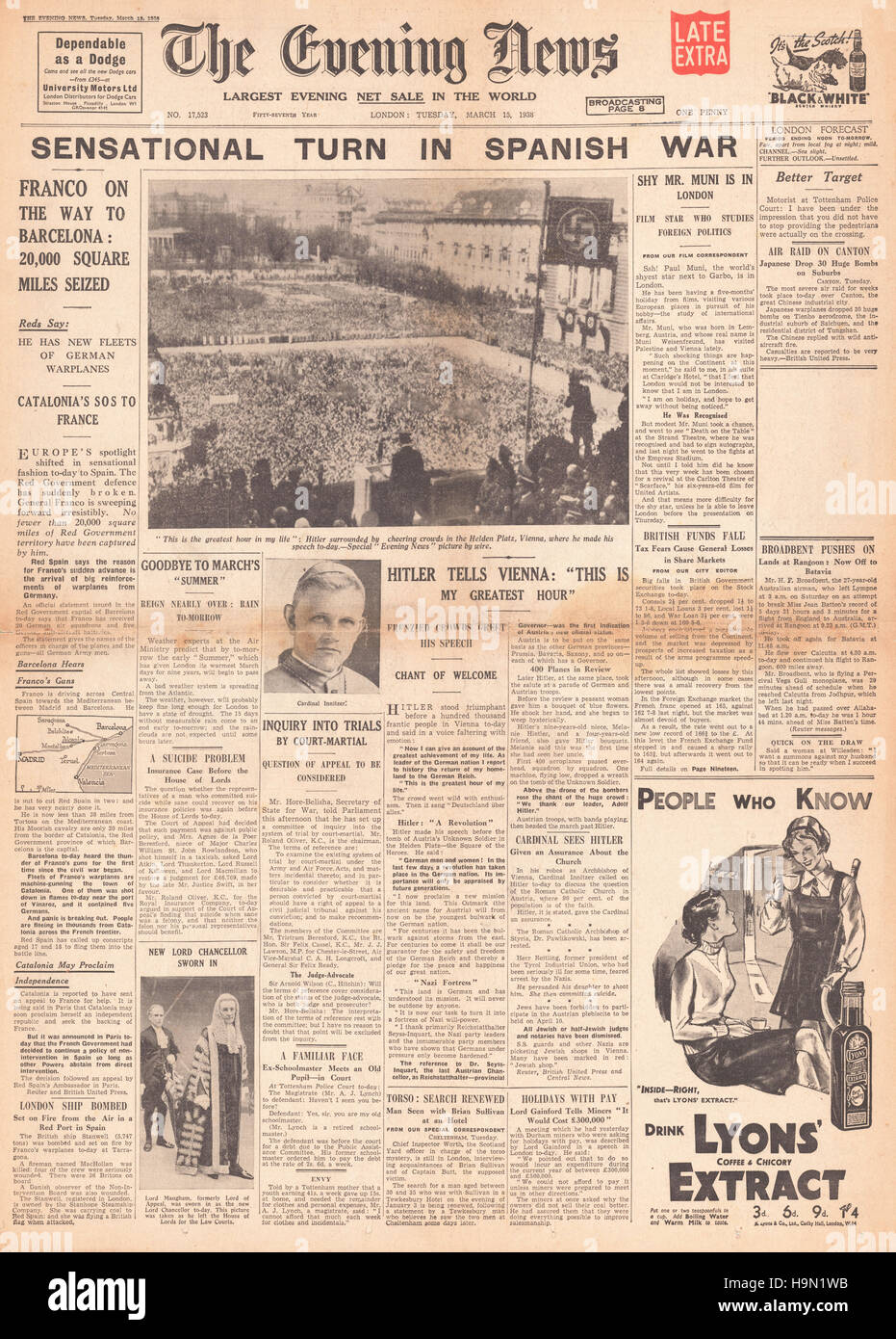 1938 Evening News (Londres) de la guerre civile espagnole Banque D'Images