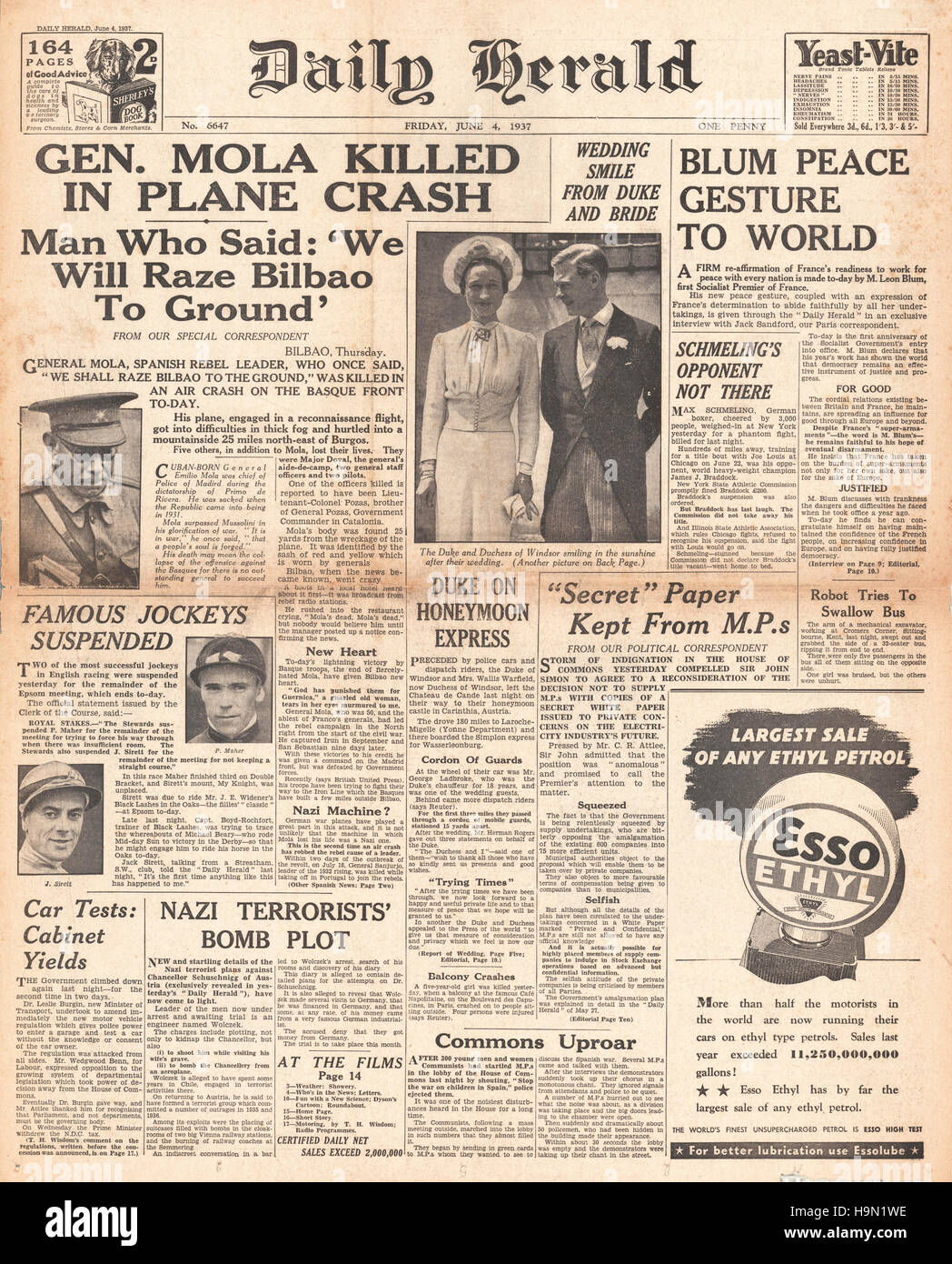 1937 Daily Herald Guerre civile espagnole et le général Mola tués dans l'écrasement Banque D'Images