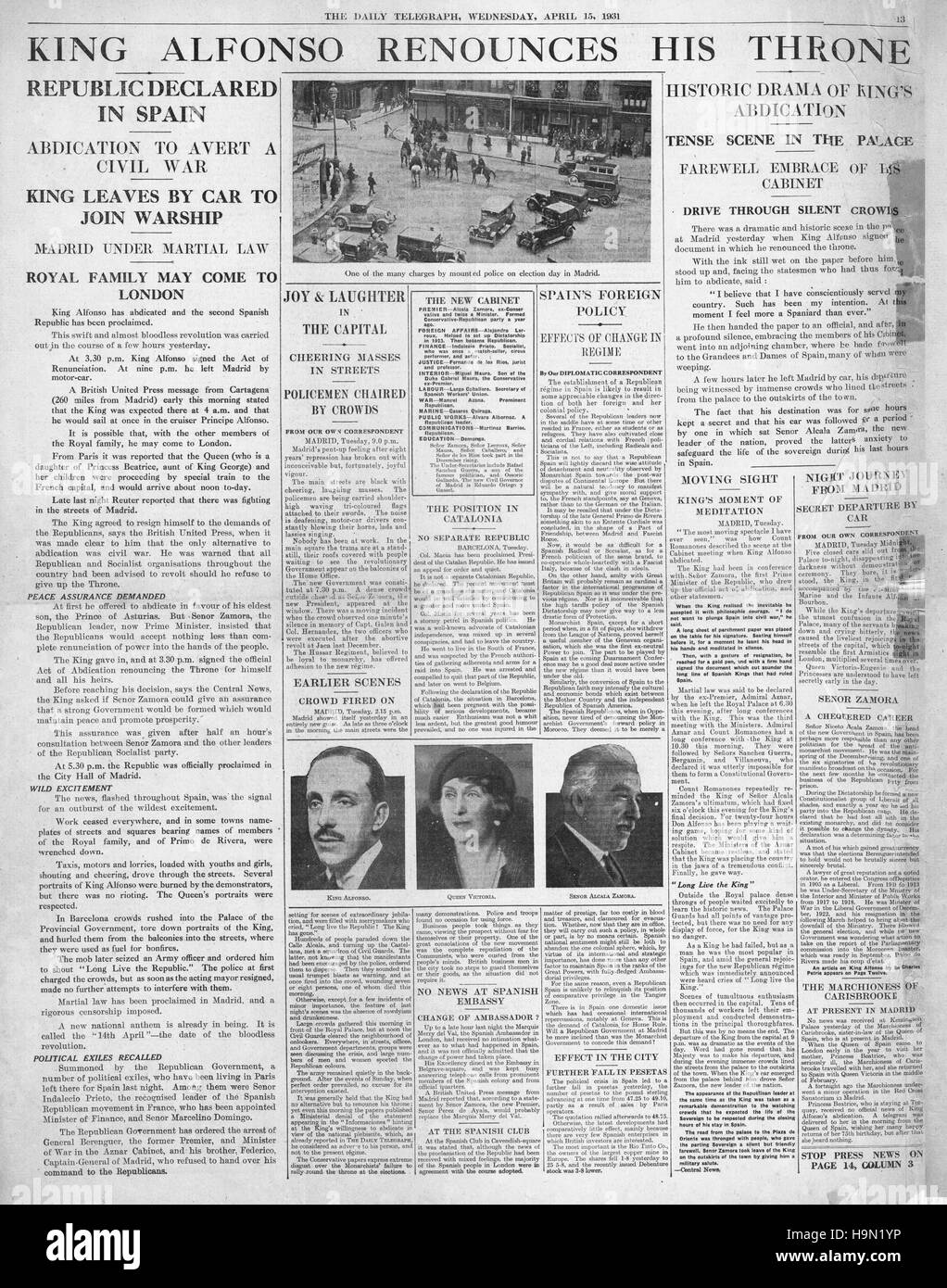 Daily Telegraph 1931 page d'abdication du roi Alfonso Banque D'Images