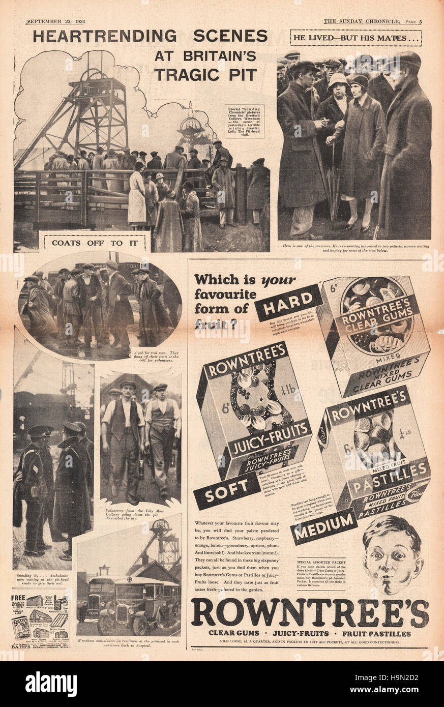 1934 Chronique du dimanche page 3 catastrophe minière de la mine de Gresford Banque D'Images