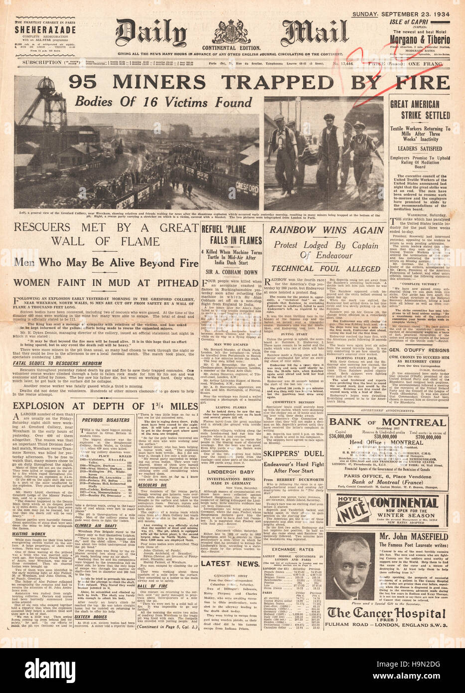 1934 Daily Mail front page catastrophe minière de la mine de Gresford Banque D'Images