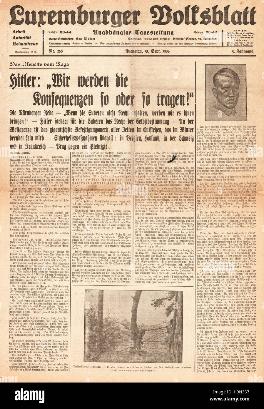 1938 Luxemburger Volksblatt front page discours d'Adolf Hitler à Nuremberg Banque D'Images