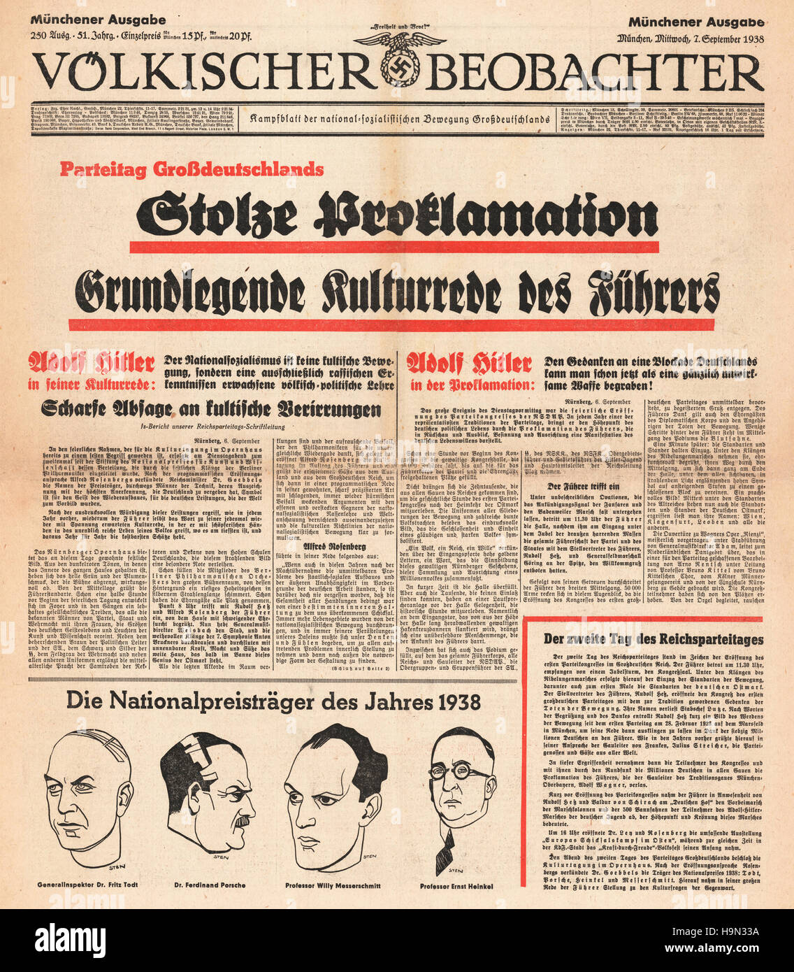 1938 Völkischer Beobachter front page discours d'Adolf Hitler à Nuremberg Banque D'Images