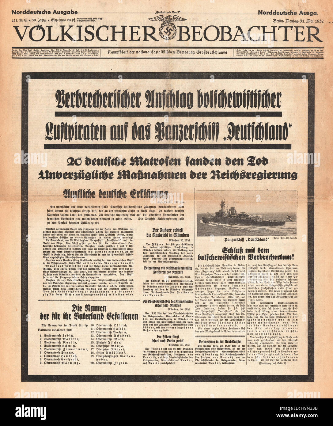 1937 Völkischer Beobachter front page bombardiers russes attaquer le cuirassé de poche « Deutschland Banque D'Images