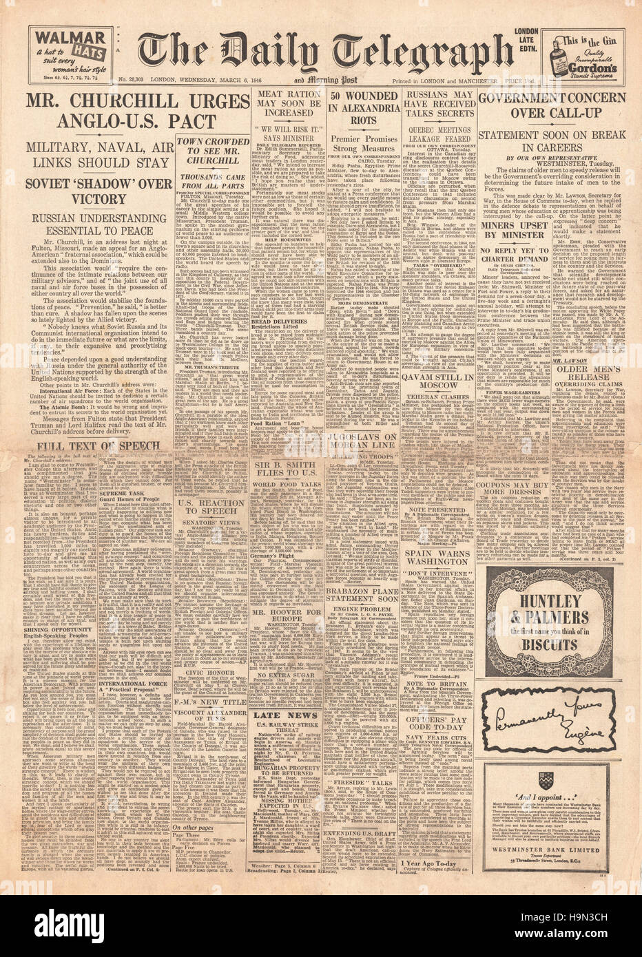 1946 Daily Telegraph Churchill offre "Rideau de Fer" discours à Westminster  College, Fulton (Missouri Photo Stock - Alamy