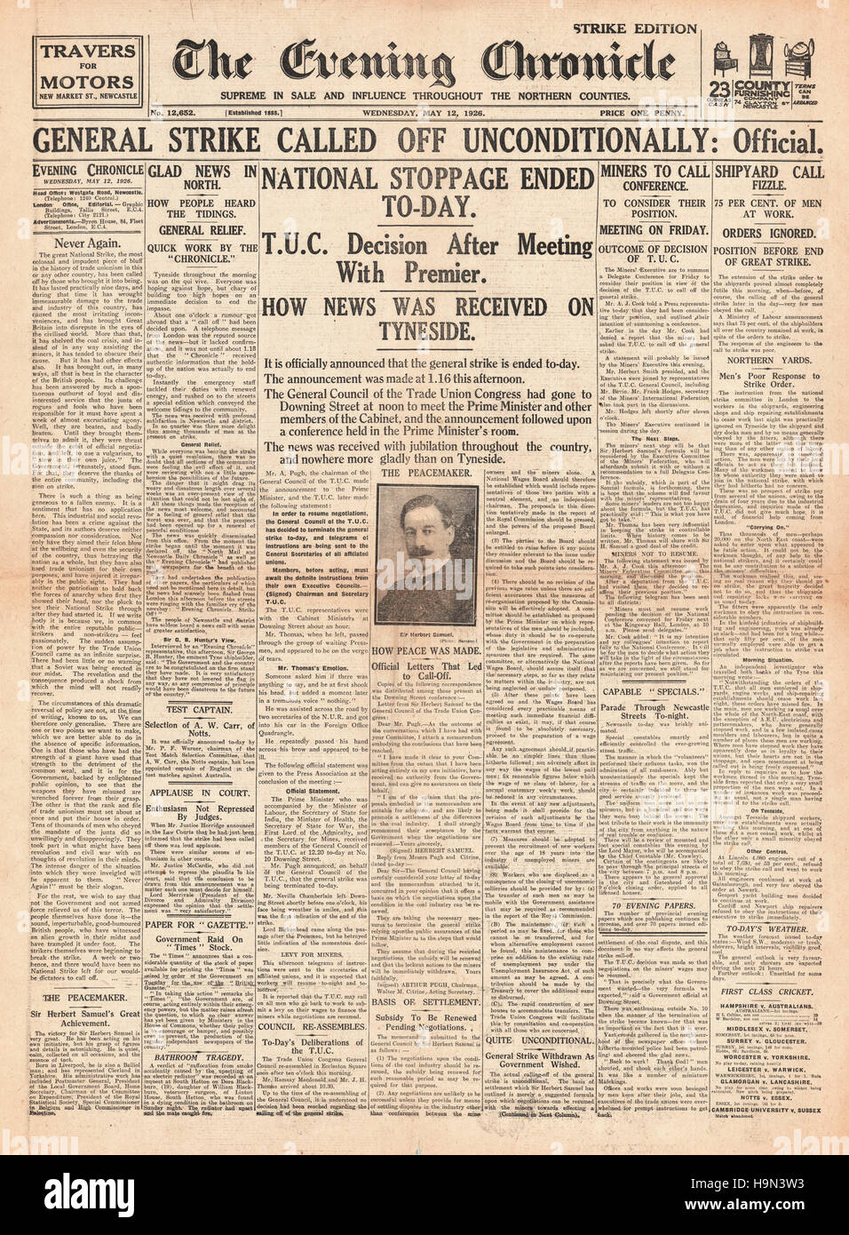 1926 Evening chronicle page avant fin de la grève générale Banque D'Images