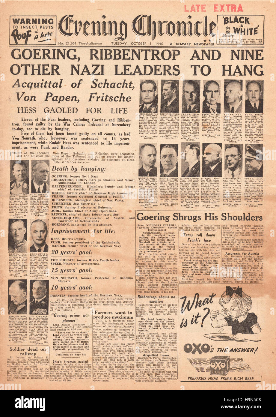1946 Evening chronicle front page dirigeants nazis condamnés à mort Banque D'Images