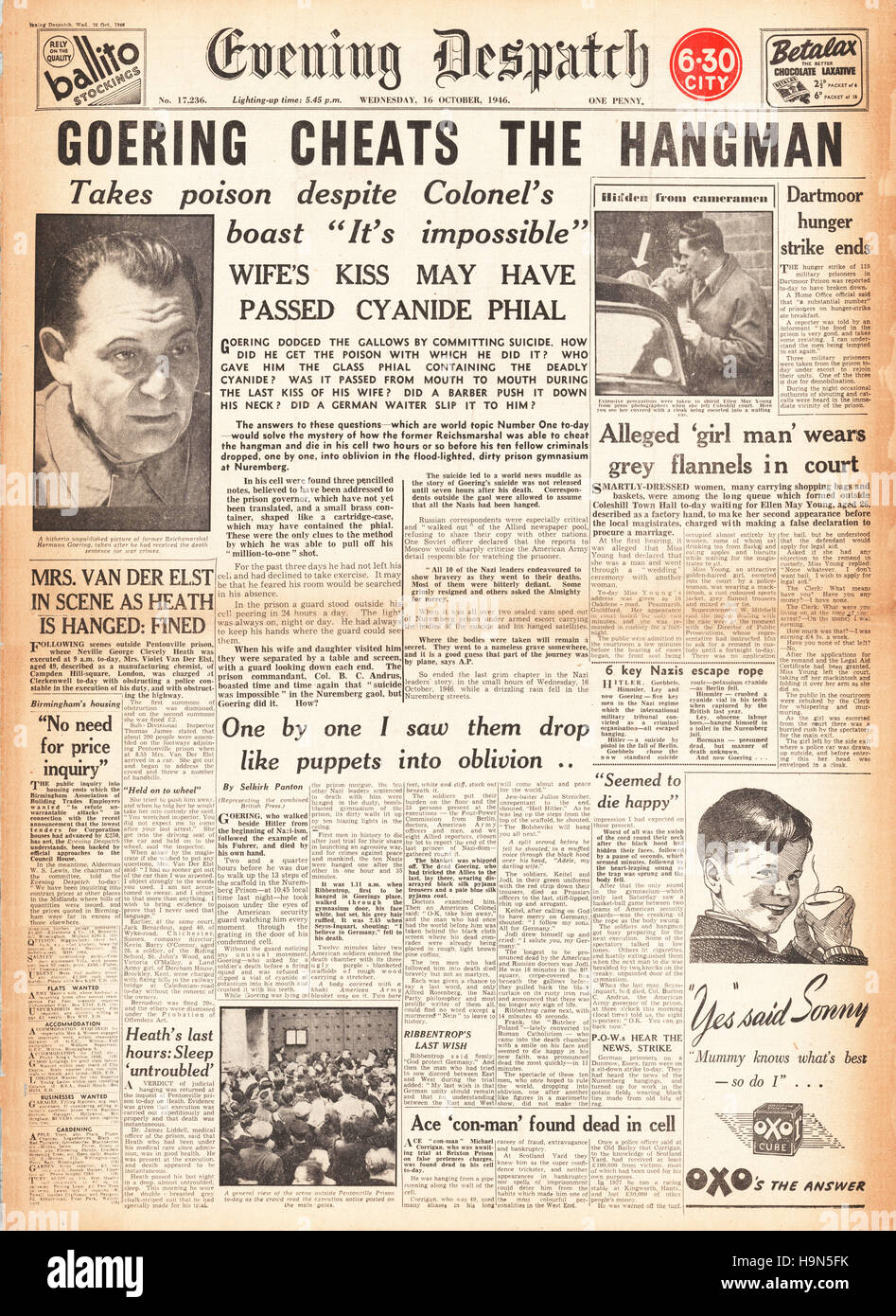 1946 Soirée expédition page d'Herman Goering se suicide Banque D'Images