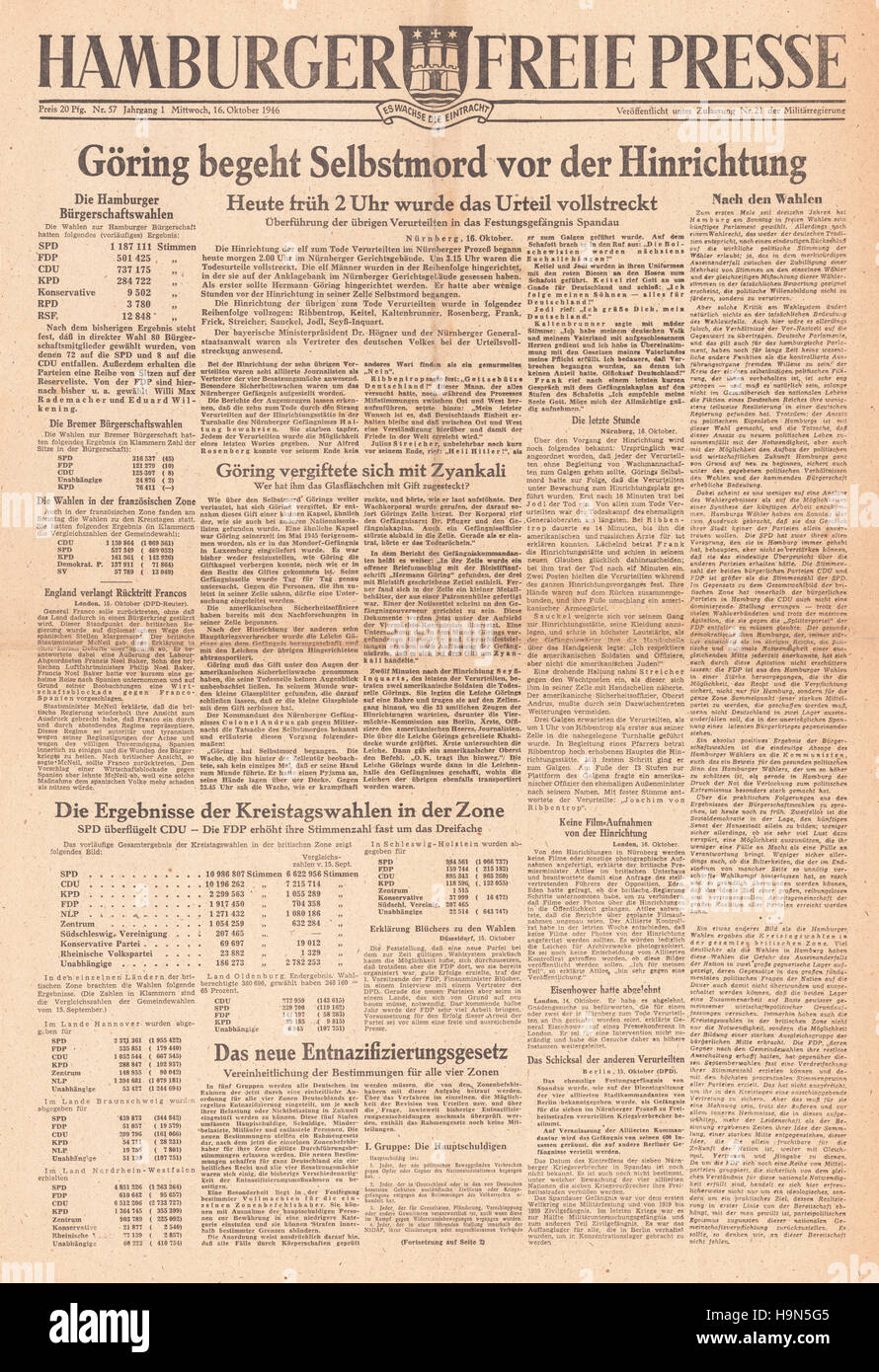 1946 Hamburger Freie Presse page d'Herman Goering se suicide Banque D'Images