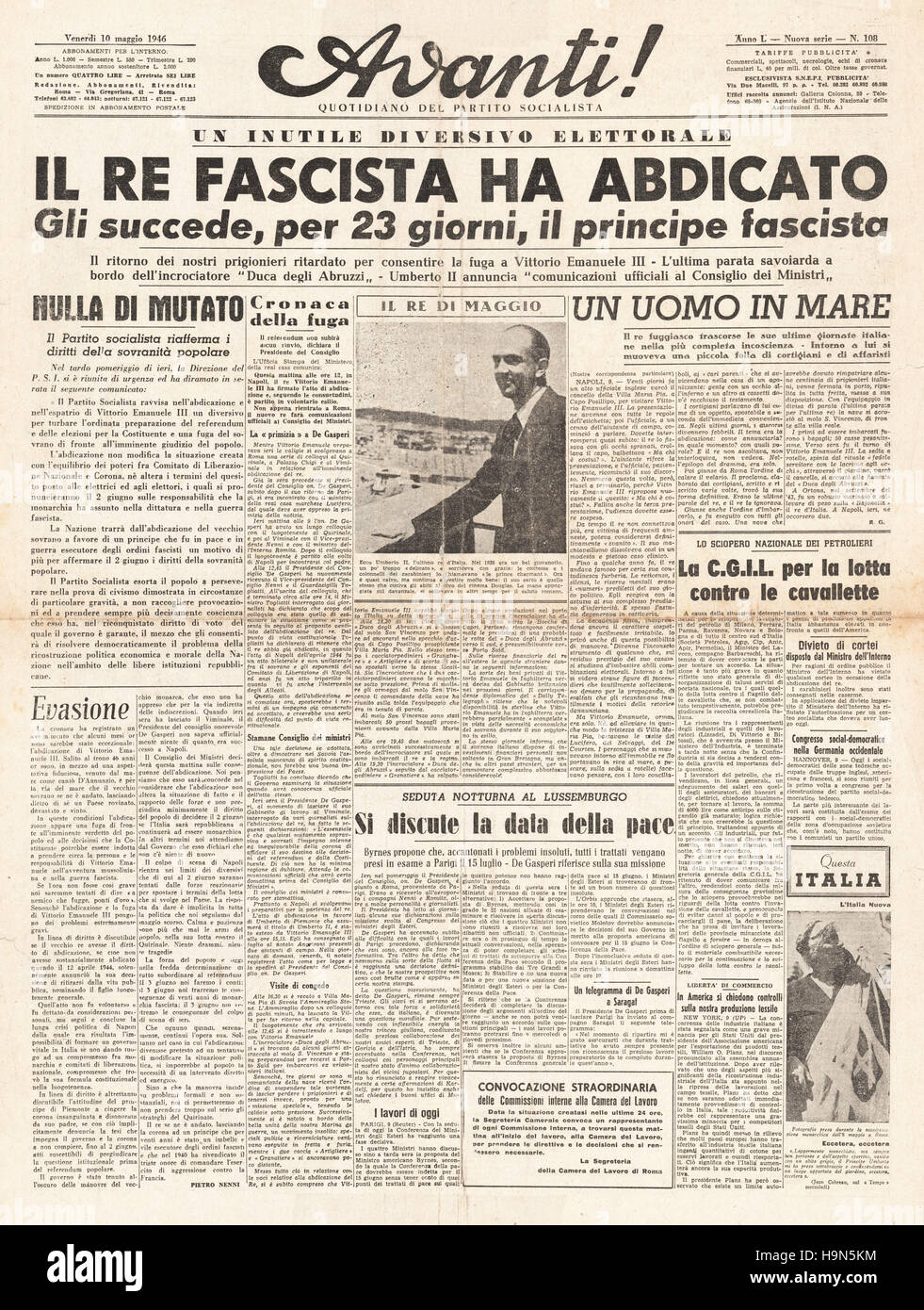 Avanti 1946 front page Umberto II devient roi d'Italie à la suite de l'abdication de Victor Emmanuel III Banque D'Images