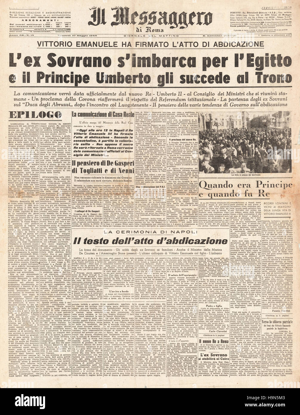 1946 Il Messaggero front page Umberto II devient roi d'Italie à la suite de l'abdication de Victor Emmanuel III Banque D'Images