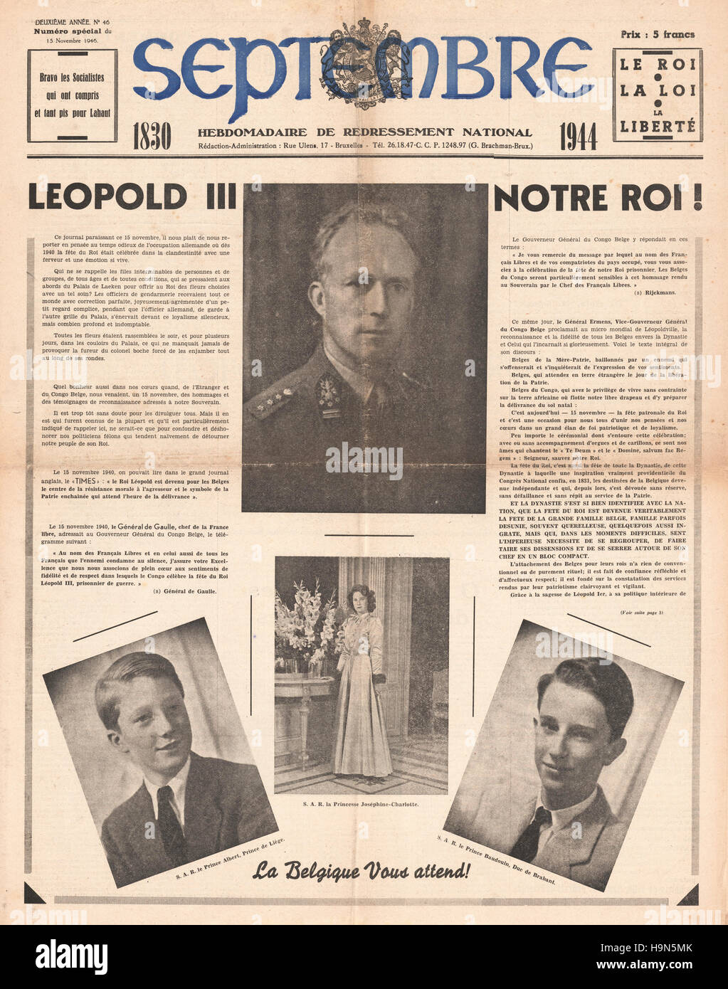 Septembre 1946 (Belgique) Le Roi Léopold III notre roi Banque D'Images