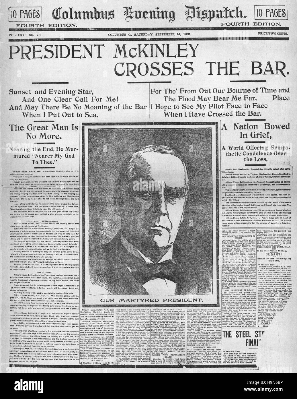 1901 Soirée Columbus Dispatch (USA) page d'U.S le président McKinley assassiné Banque D'Images