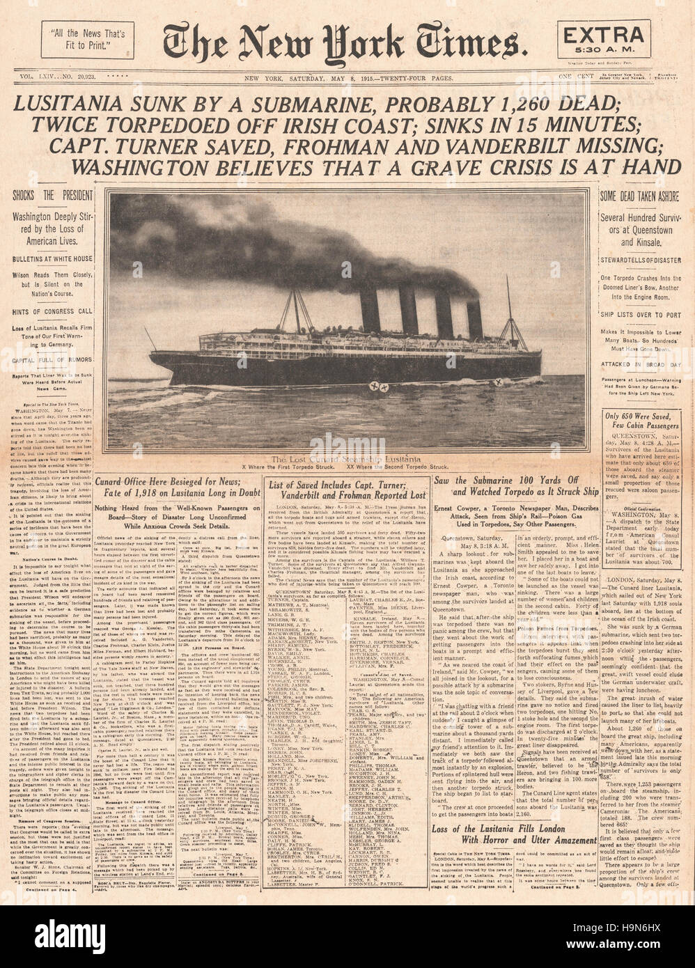 1915 New York Times front page RMS Lusitania coulé Banque D'Images