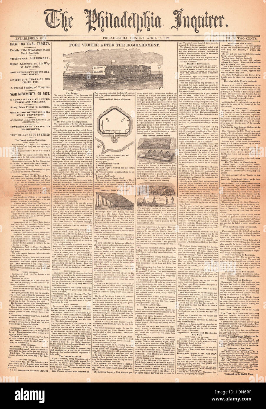 1861 Philadelphia Inquirer Guerre civile américaine Banque D'Images