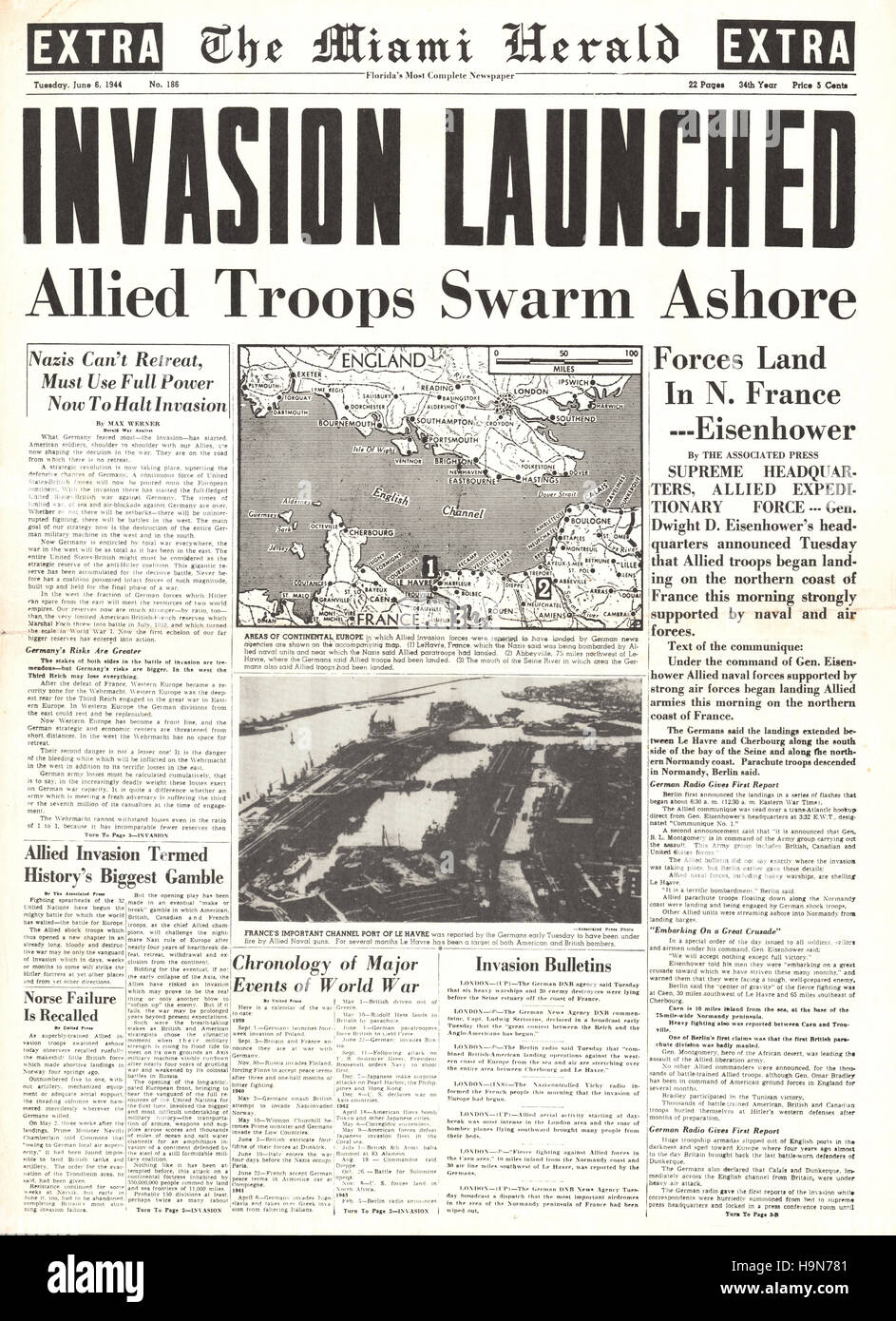 1944 Miami Herald (USA)/la page déclaration des débarquements du Jour d'Alliés en Normandie Banque D'Images