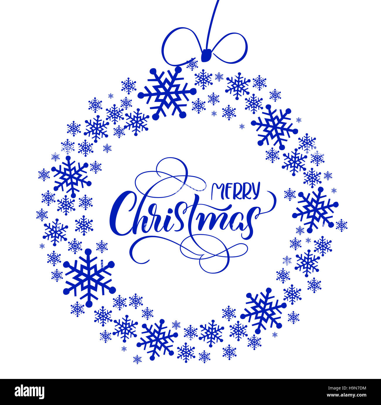 Arrière-plan bleu belle ronde de flocons et texte Joyeux Noël. Calligraphie lettrage Banque D'Images