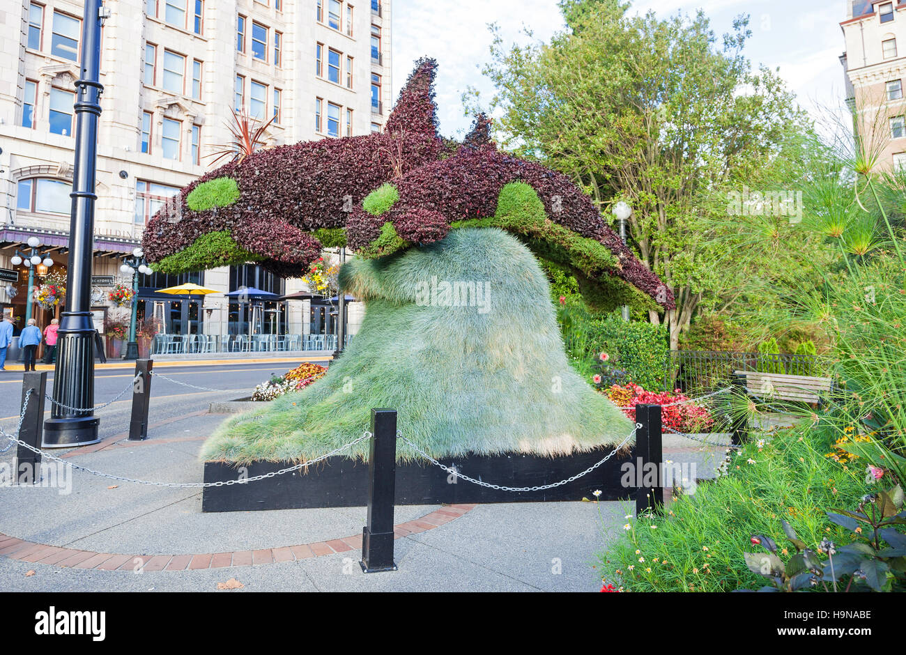 "Surfacing" une sculpture de fleur d'une mère et son veau orca Victoria Vancouver Island British Columbia Canada Banque D'Images