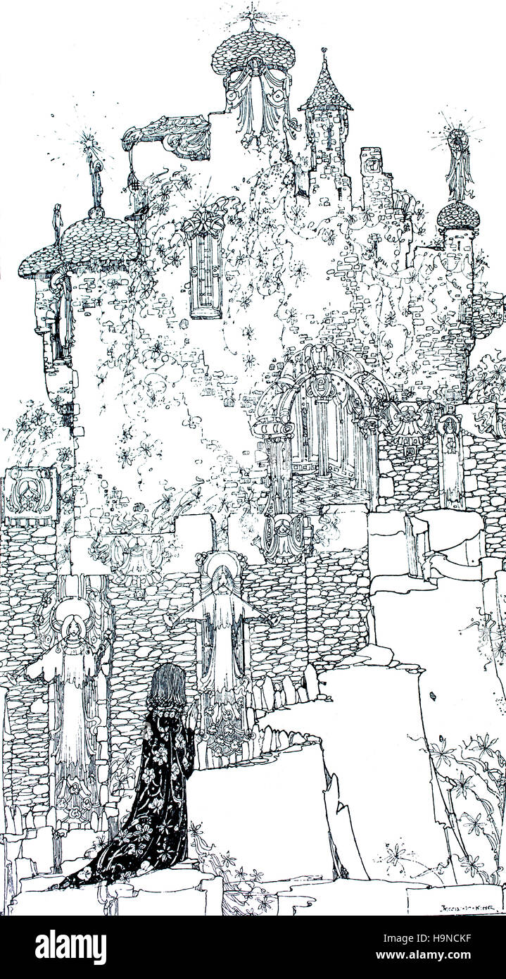 Le château de Jaime, illustration ligne par Jessie M King à partir de 1909 Studio Magazine Banque D'Images