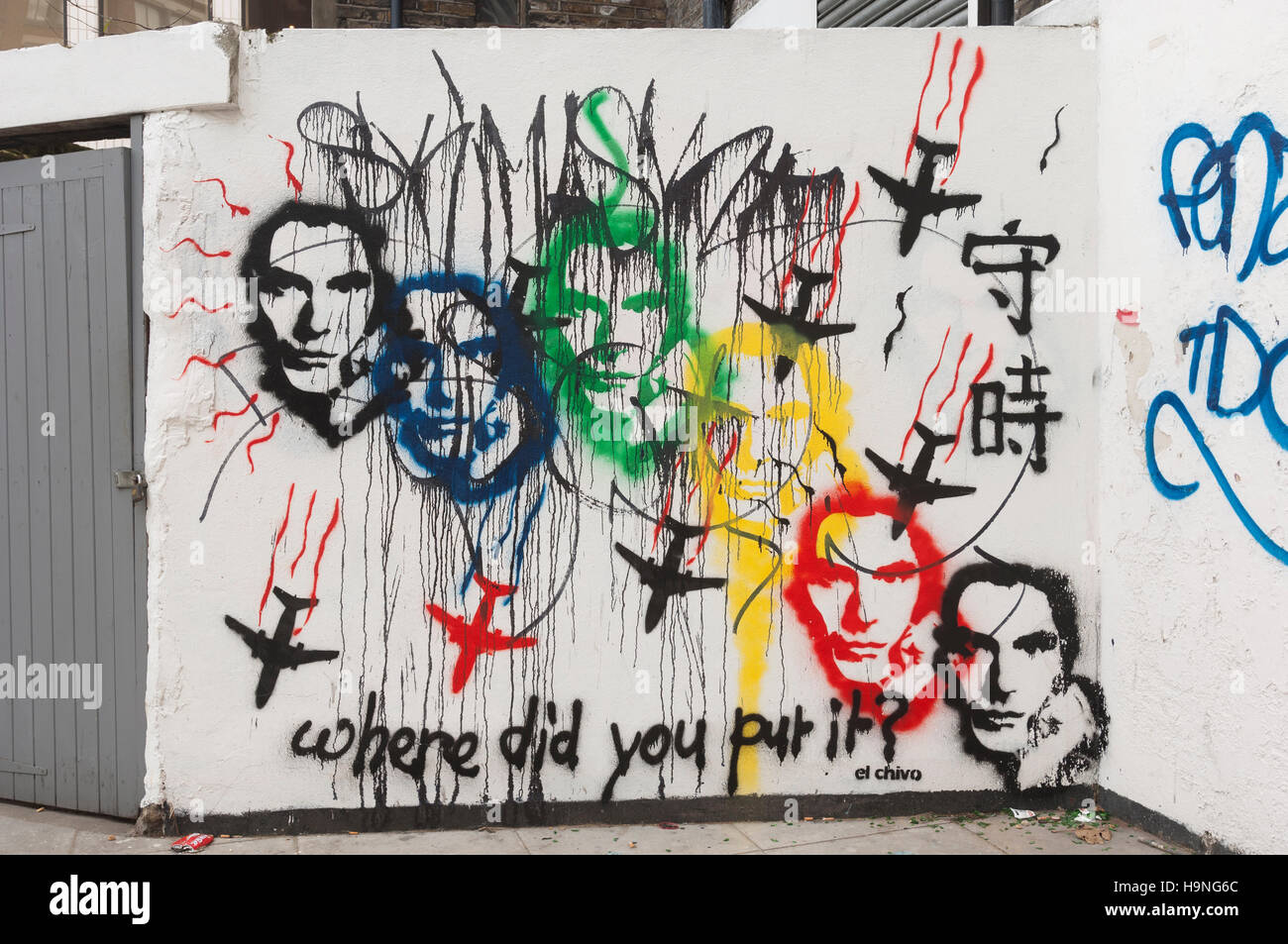 La guerre contre l'Art de rue avec le Premier ministre britannique Tony Blair par l'artiste de rue "el chivo", New Inn Yard, London EC2, Banque D'Images