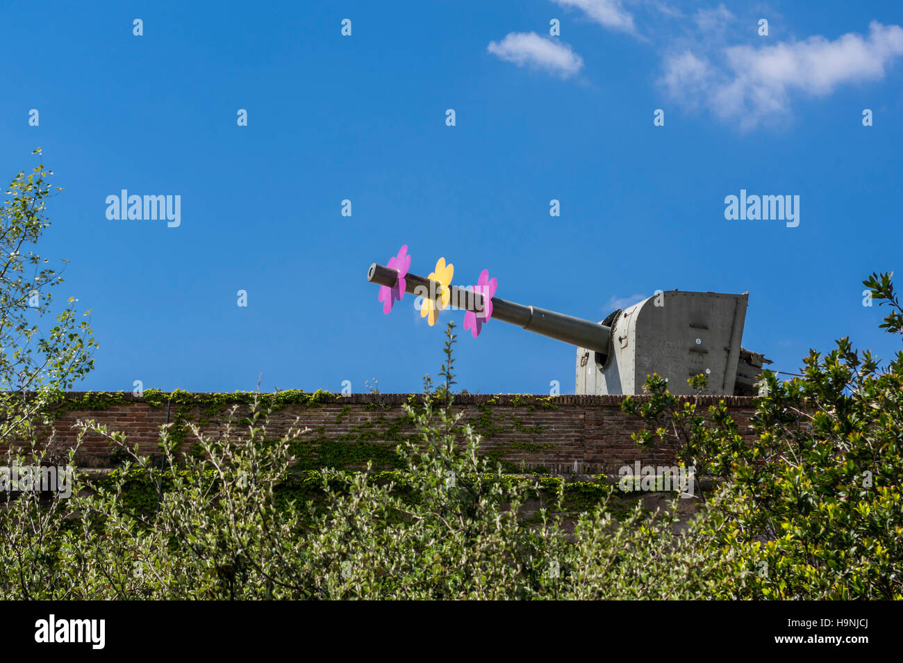 Canon Canon décoré de fleurs stylisées au château de Montjuïc, Barcelone, Catalogne, Espagne. Banque D'Images