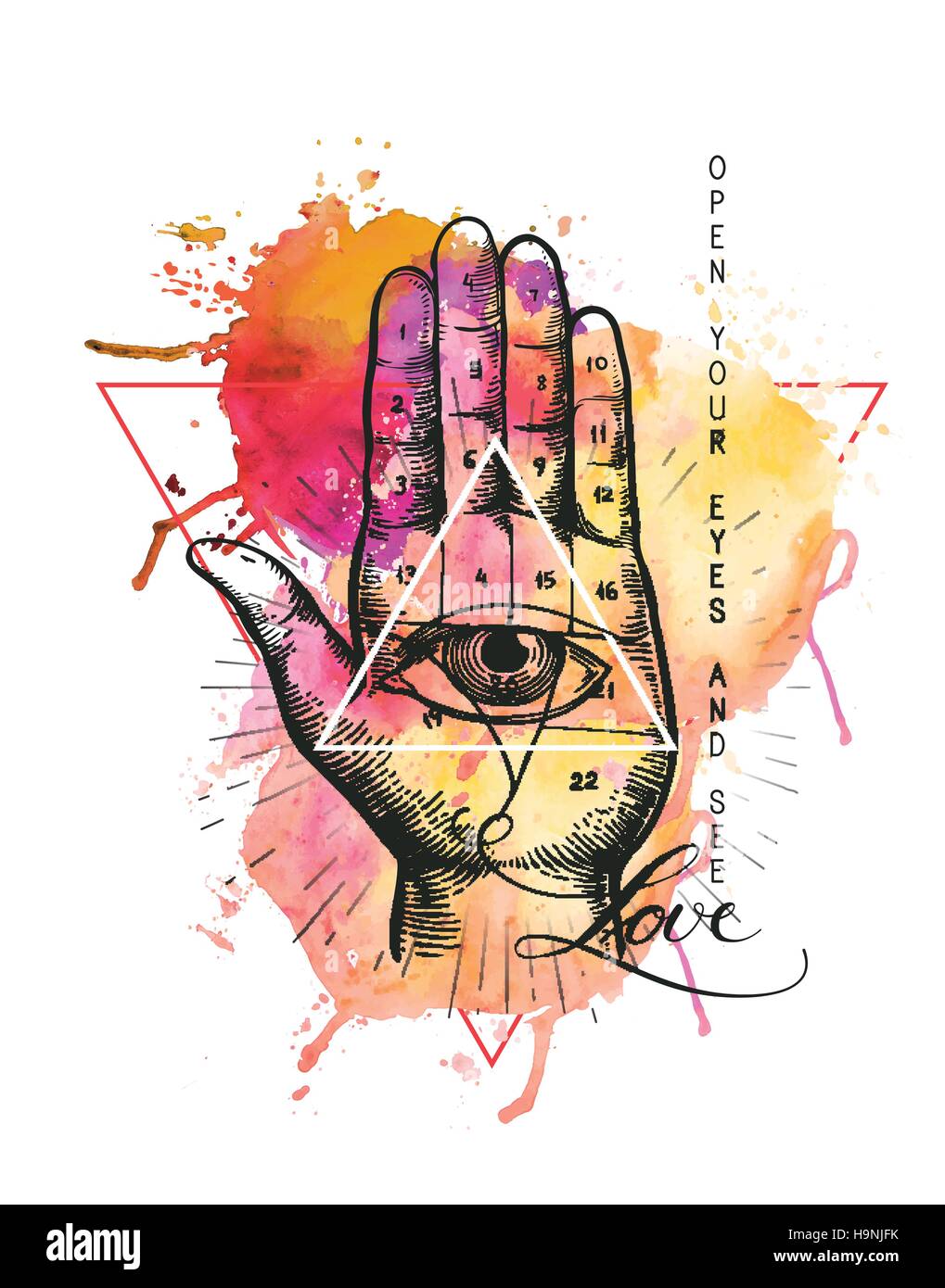 Hipster illustration avec la géométrie sacrée, la main et All Seeing Eye triangle symbole à l'intérieur de la pyramide. Symbole maçonnique. Fond d'aquarelle. Grunge Esot Illustration de Vecteur