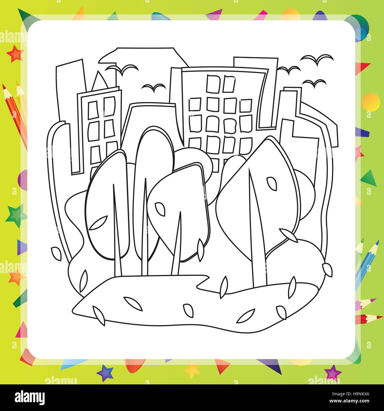 Maisons et arbres - Automne - vecteur Coloring Book Illustration de Vecteur