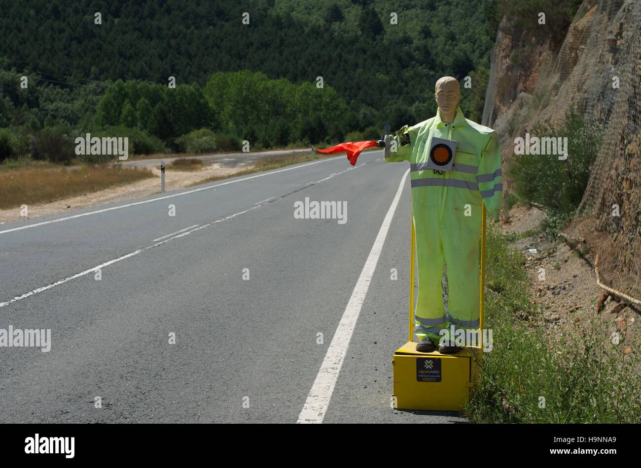 Mannequin en bordure des chantiers d'avertissement dans La Rioja, Espagne Banque D'Images