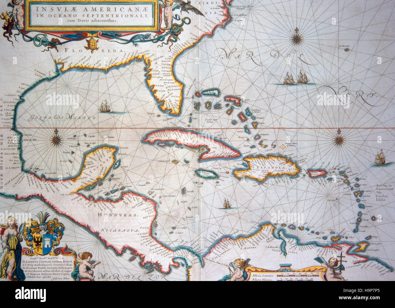 Blaeu , carte de 1650 des Caraïbes Banque D'Images