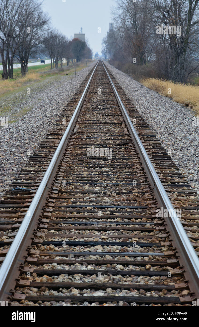 Les voies de chemin de fer s'étendent au loin dans la distance sous un ciel de novembre gris et froid dans le Midwest des États-Unis. Banque D'Images