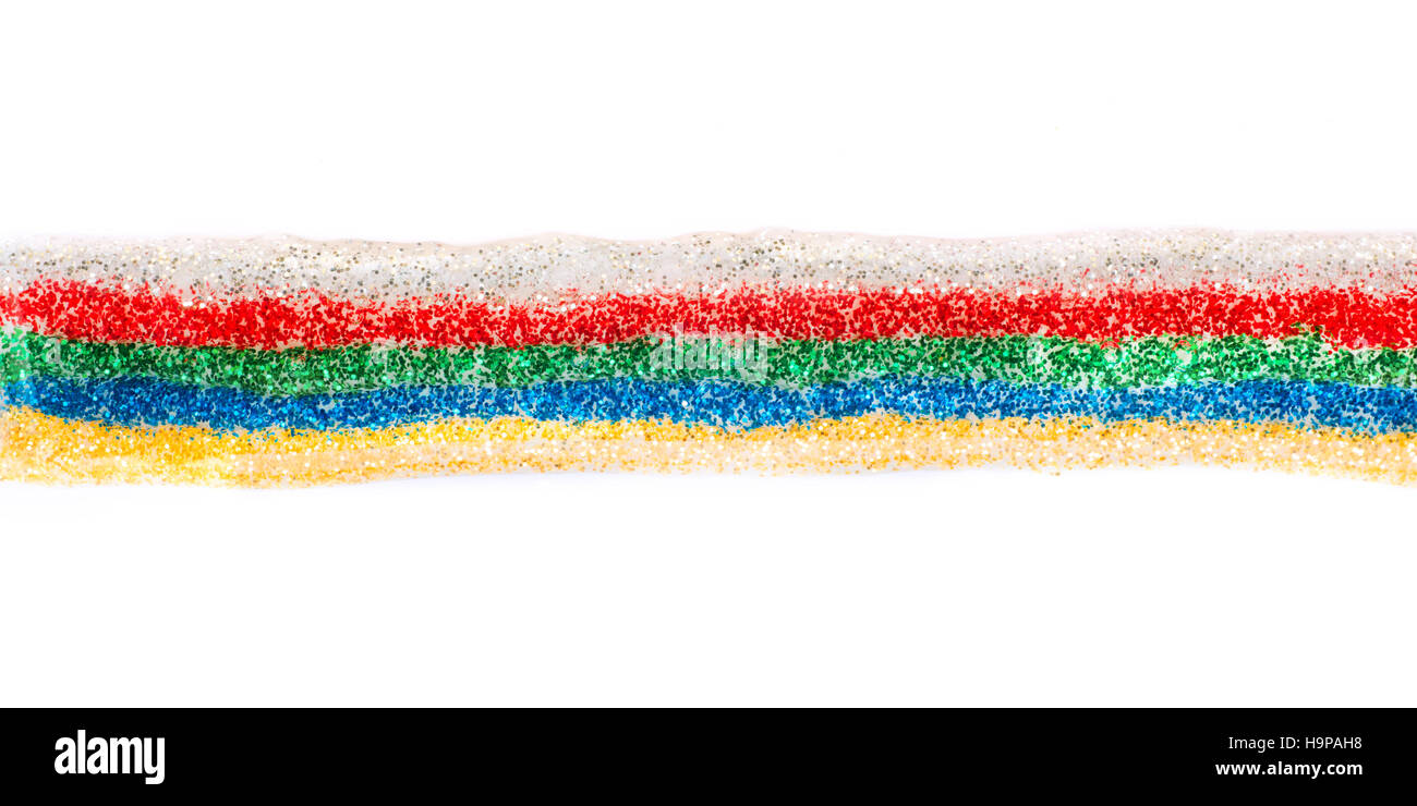 Colle paillettes multicolores étincelaient ligne. Sur fond blanc Banque D'Images