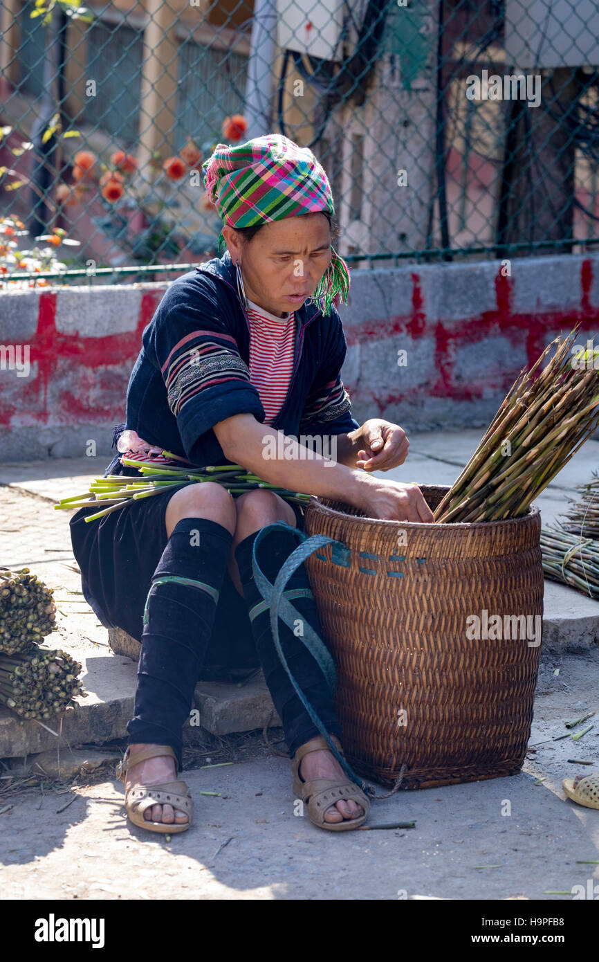 Femme Hmong noir ethnique dans le village tribal de Lao Chai Hue, Vietnam, Asie Banque D'Images
