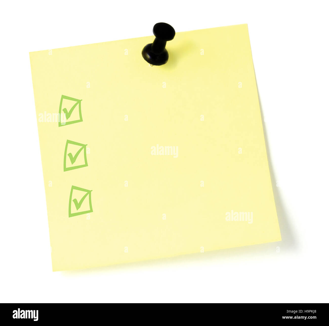 Jaune vide liste à faire style post-it sticky note autocollant avec un  bouton poussoir, isolé, punaise noire case vert tickmarks Photo Stock -  Alamy