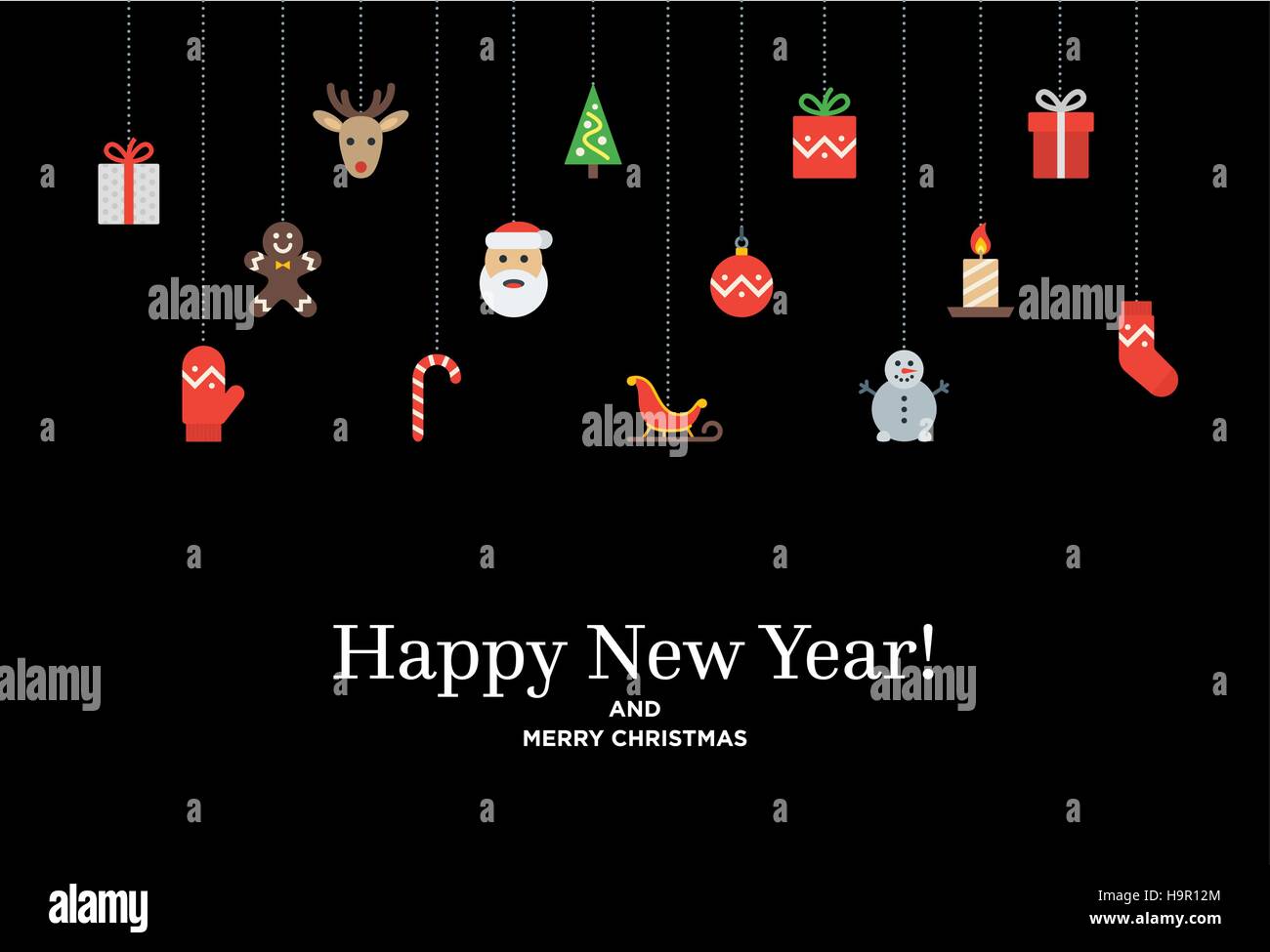 Noël ensemble d'icônes et d'éléments, d'arbres, le cerf, l'heure actuelle, l'ensemencement, mitten, Santa sur noir Illustration de Vecteur