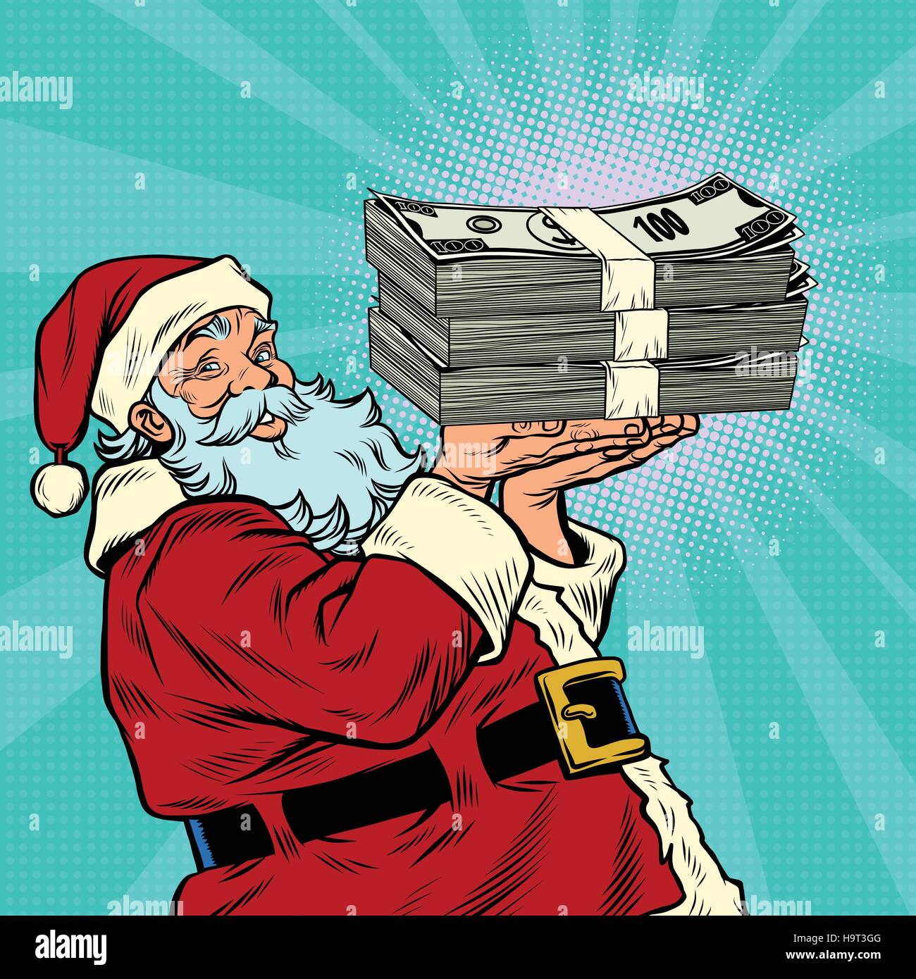 Père Noël avec une montagne d'argent de dollars, pop art retro illustration vectorielle. La prime annuelle. Loterie de fête Illustration de Vecteur