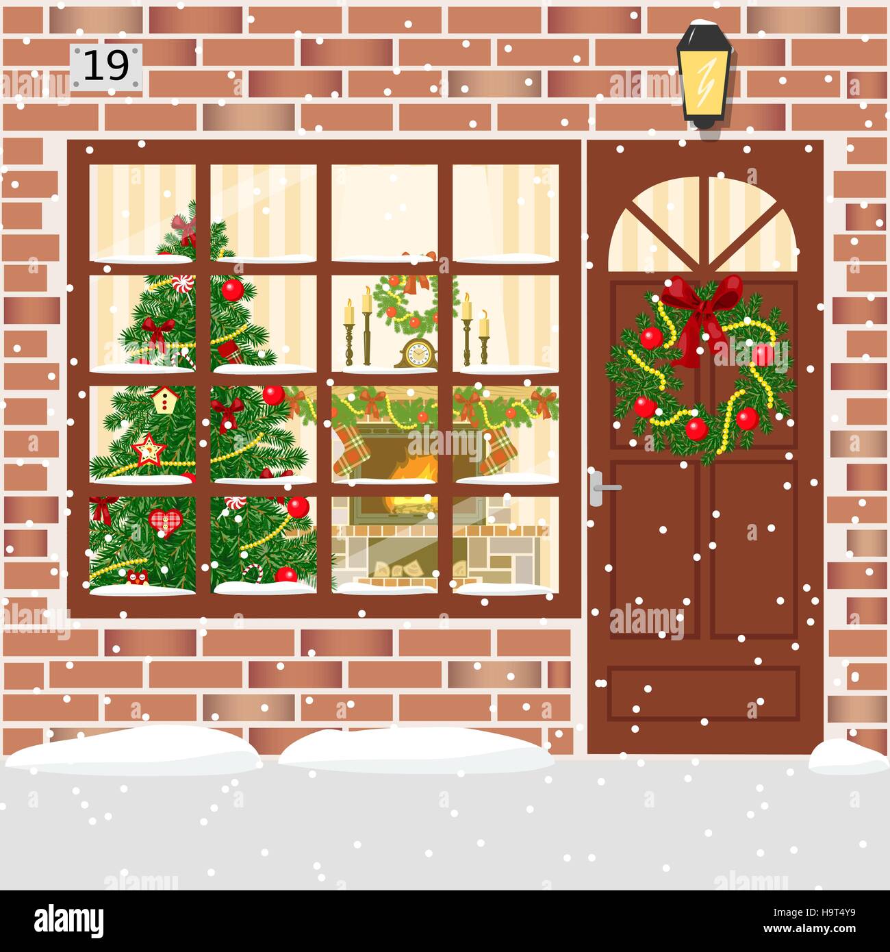 Décoration de Noël porte, house entrée avec guirlande. Allumé la façade de l'immeuble de briques rouges avec porte, fenêtre, Garland, arbre de Noël, des flocons de neige, sapin Illustration de Vecteur