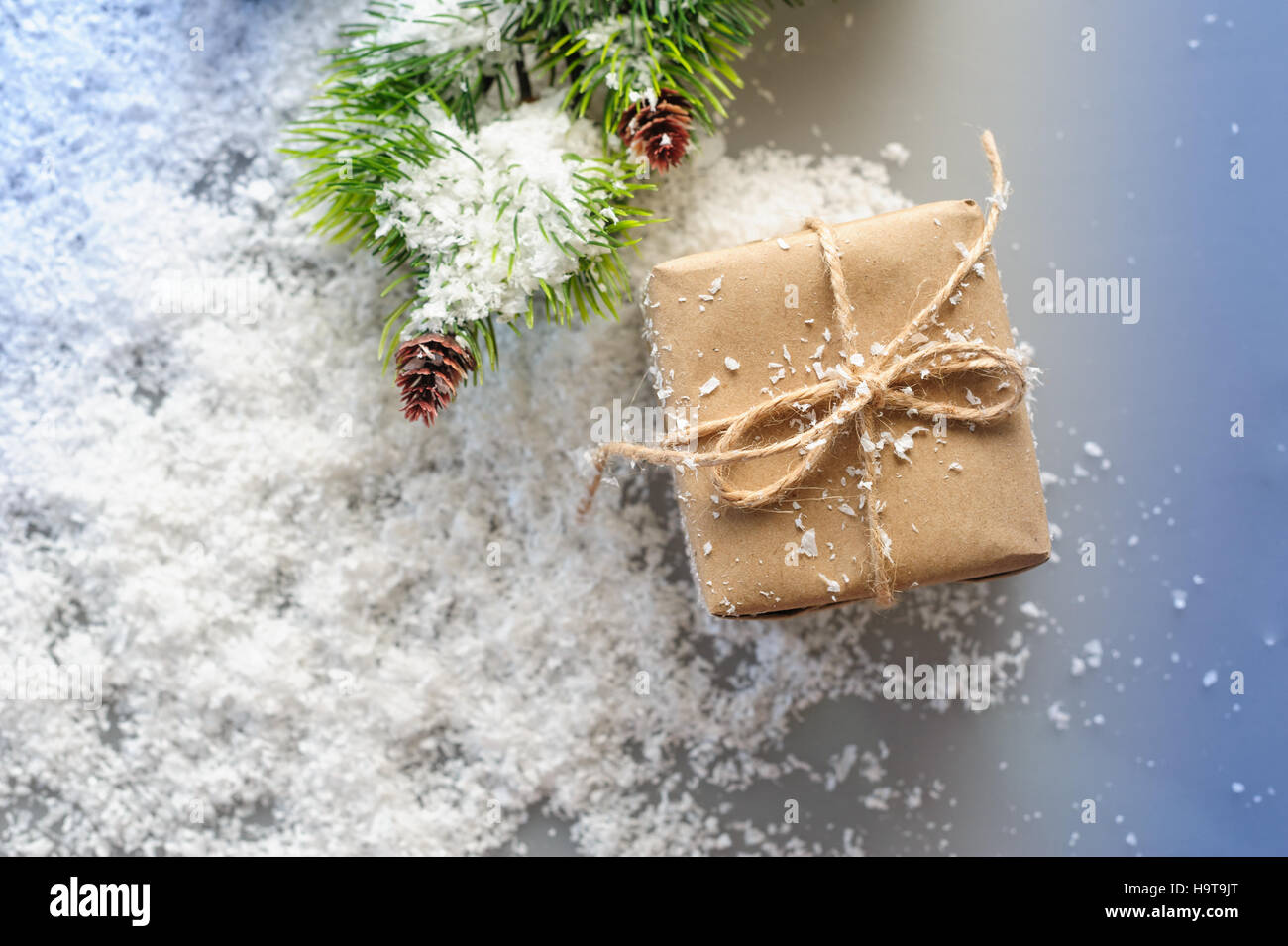 Boîte-cadeau de papier kraft avec des branches d'épinette sur fond blanc Banque D'Images