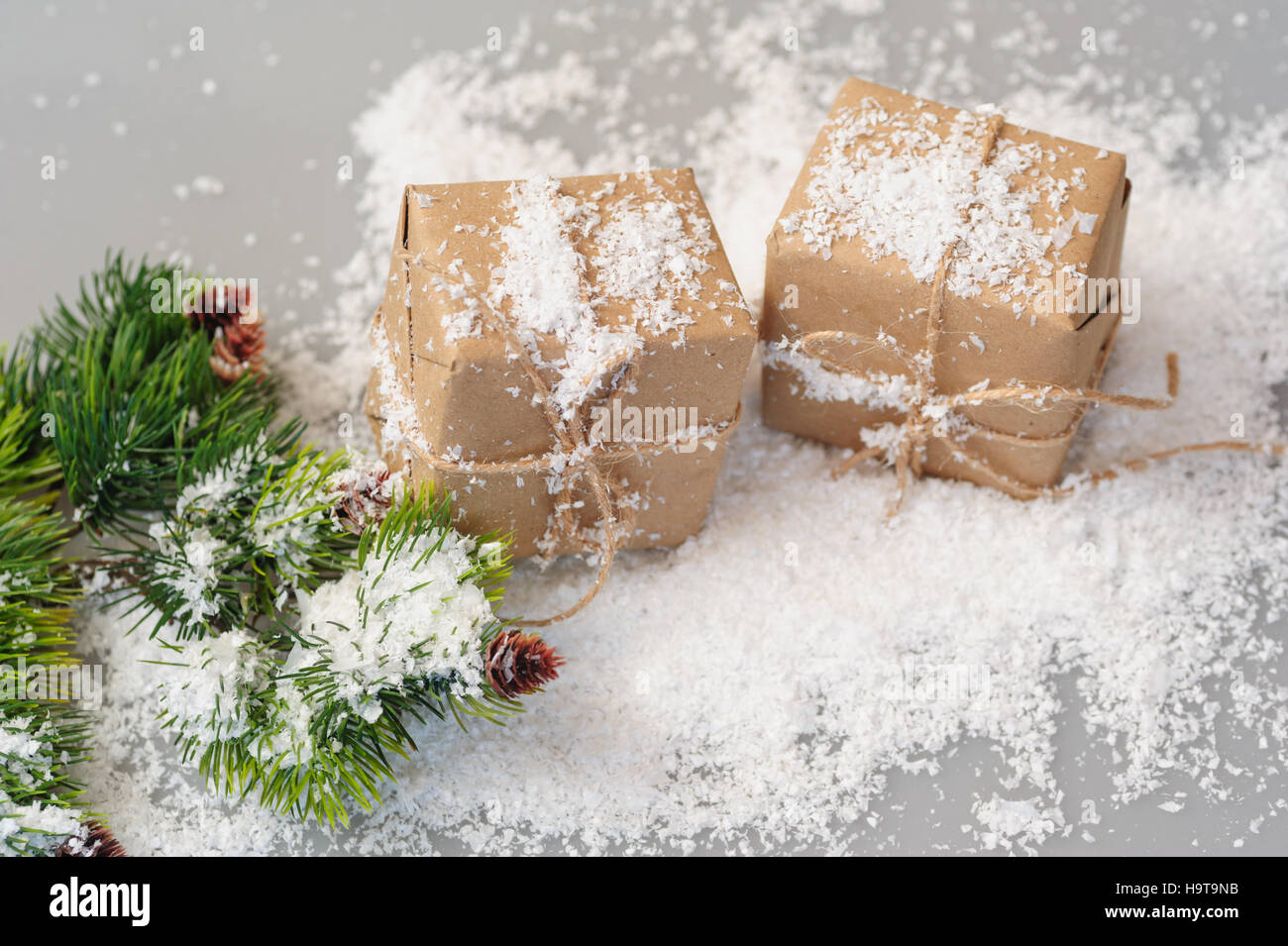 Boîtes cadeaux de papier kraft avec des branches d'épinette sur fond blanc Banque D'Images