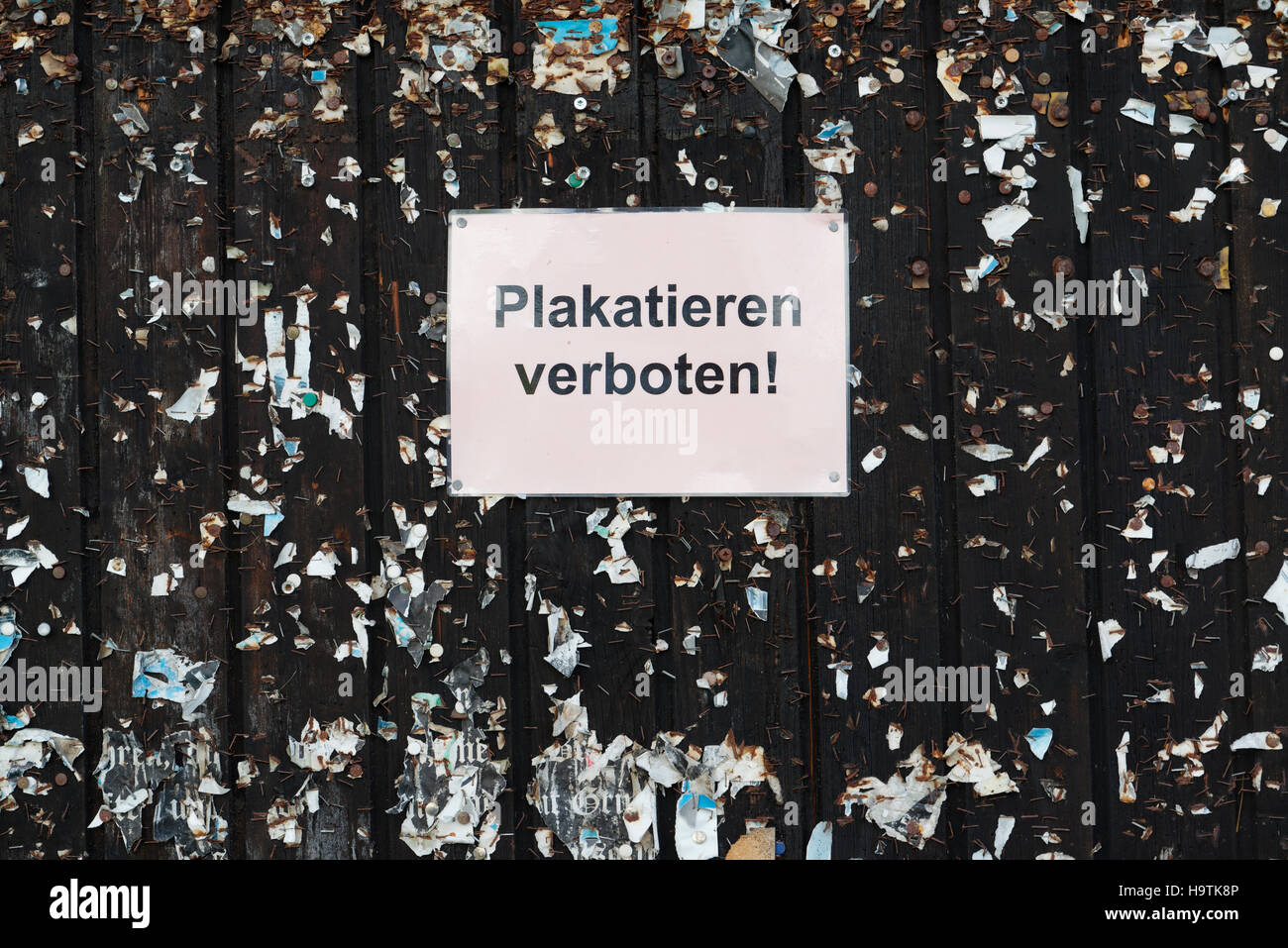 Signer l'interdiction des affiches sur un mur lambrissé de bois, Platkatieren, des restes d'affiches, panneaux d'ironique Banque D'Images