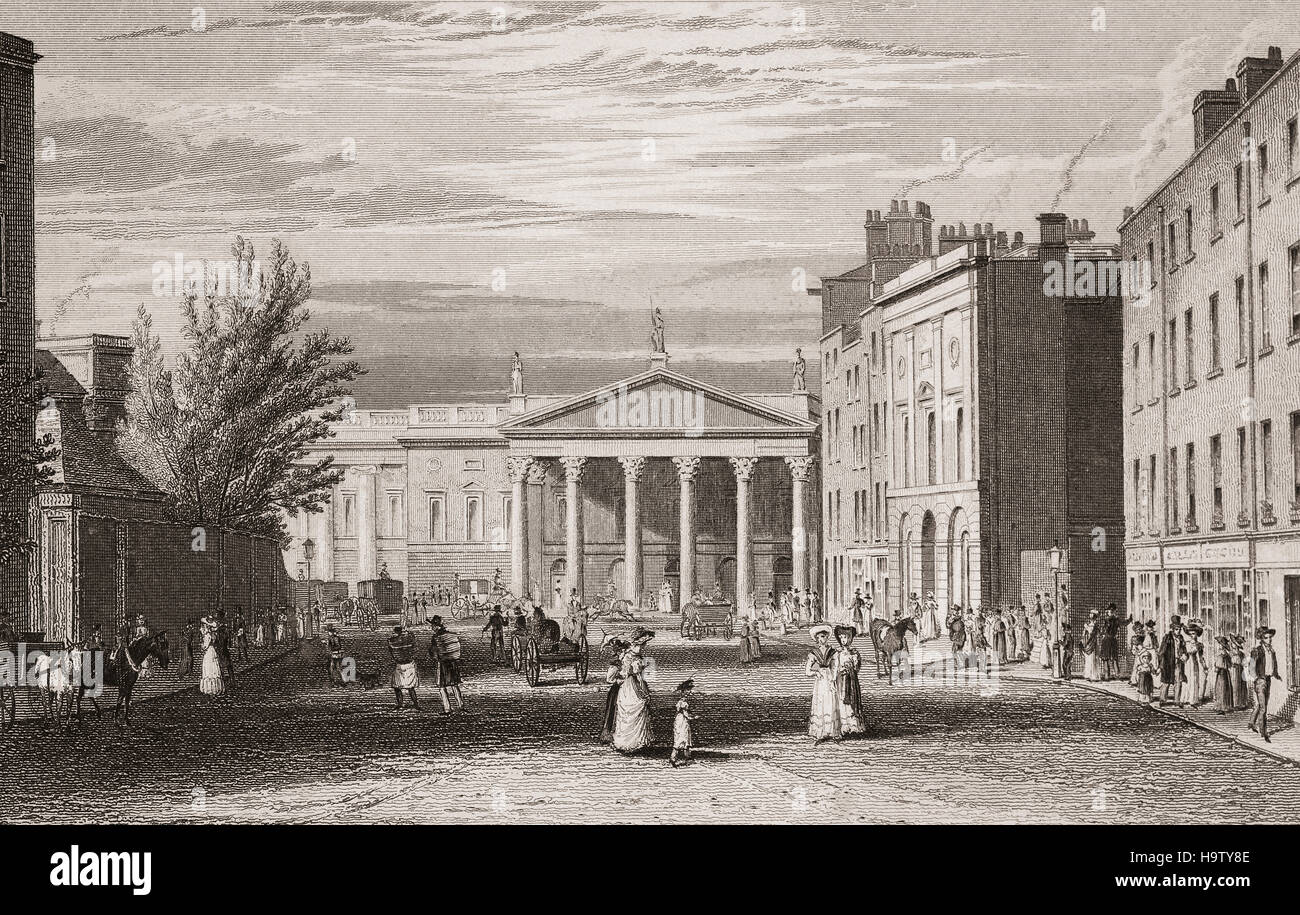 19e siècle vue de la Chambre des Lords irlandaise entrée de la Maison du Parlement de la rue College. Il a servi en tant que siège du Parlement irlandais du Royaume d'Irlande pour la plupart du 18e siècle jusqu'à ce que le Parlement a été supprimée par la loi de l'Union de 1800, lorsque l'Irlande est devenue partie du Royaume-Uni de Grande-Bretagne et d'Irlande, le bâtiment est aujourd'hui la banque d'Irlande et la rue s'appelle College Green. La ville de Dublin, Irlande Banque D'Images