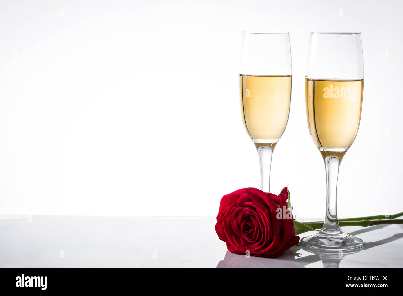 Coupe de champagne et rose rouge sur fond blanc Banque D'Images