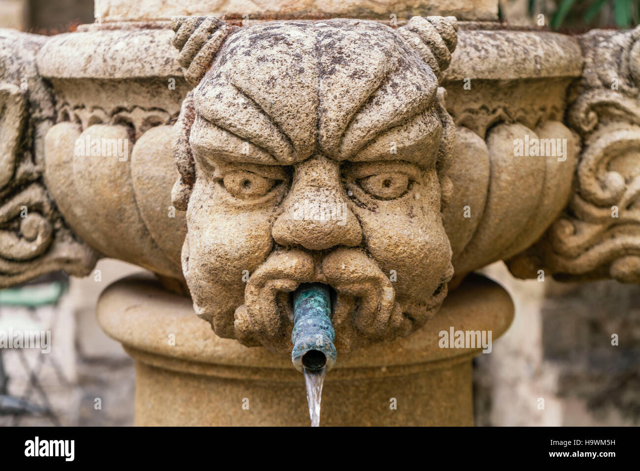 La fontaine des Mascarons, fontaine en pierre dans village historique du 15ème siècle, Séguret, Vaucluse, Provence, France Banque D'Images