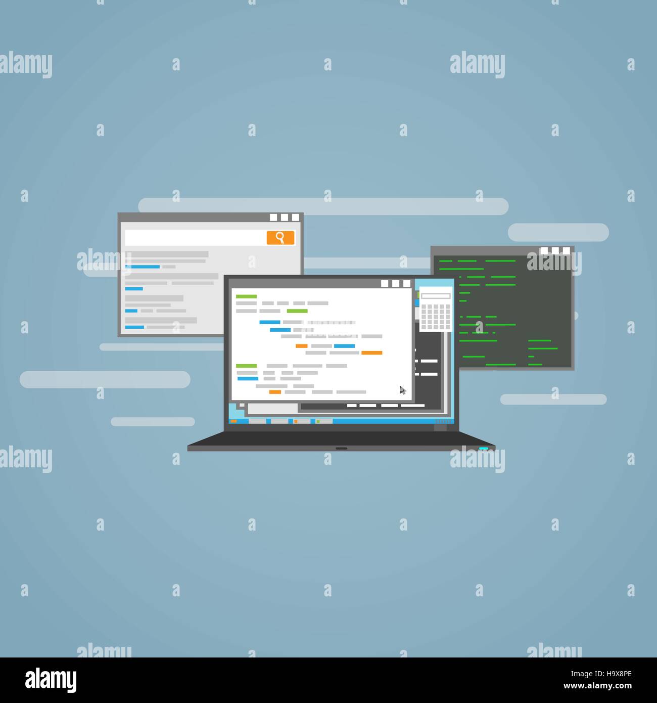 Télévision illustration. Ordinateur portable et windows avec des cadres. Logiciels de programmation et de développement. Illustration de Vecteur