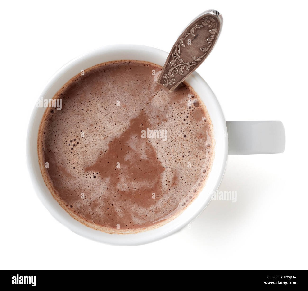 Boisson cacao en blanc mug isolé sur fond blanc, vue du dessus Banque D'Images