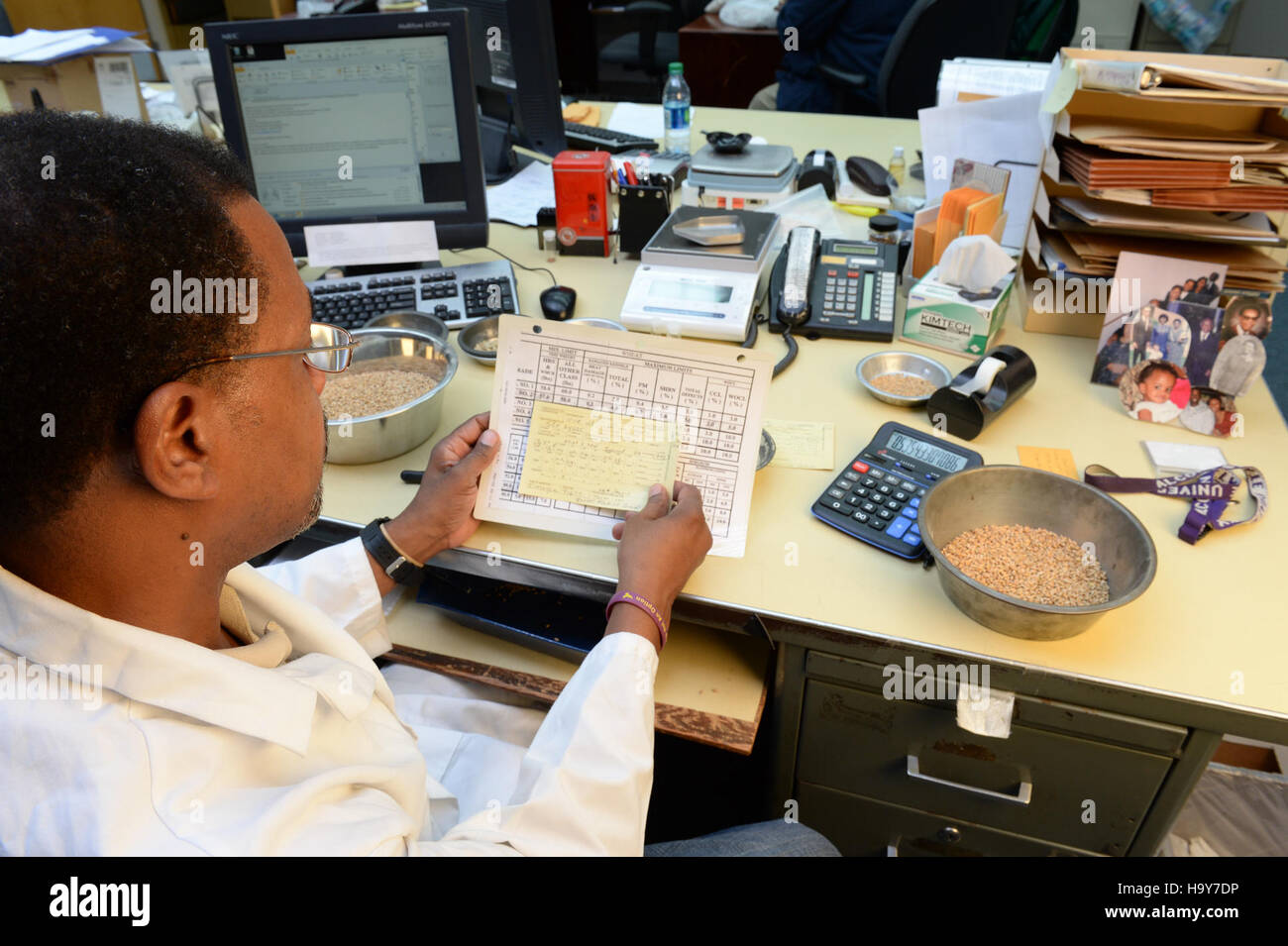 La Packers and Stockyards Agency (GIPSA) de l'USDA supervise les inspections de grain dans un parc de stockage, en se concentrant sur la qualité du blé. Ce programme veille à ce que les produits céréaliers respectent les normes de commercialisation, de salubrité et de protection des consommateurs. L'USDA joue un rôle clé dans la réglementation des pratiques agricoles pour soutenir le commerce équitable et la sécurité alimentaire. Banque D'Images