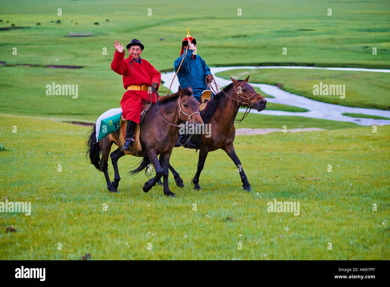 La Mongolie, province Arkhangai, cavalier dans la steppe mongole Banque D'Images