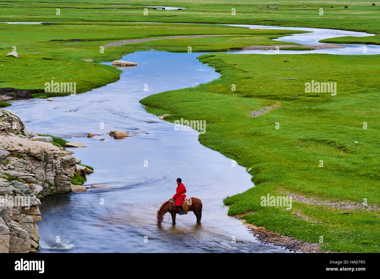 La Mongolie, province Arkhangai, cavalier dans la steppe mongole Banque D'Images