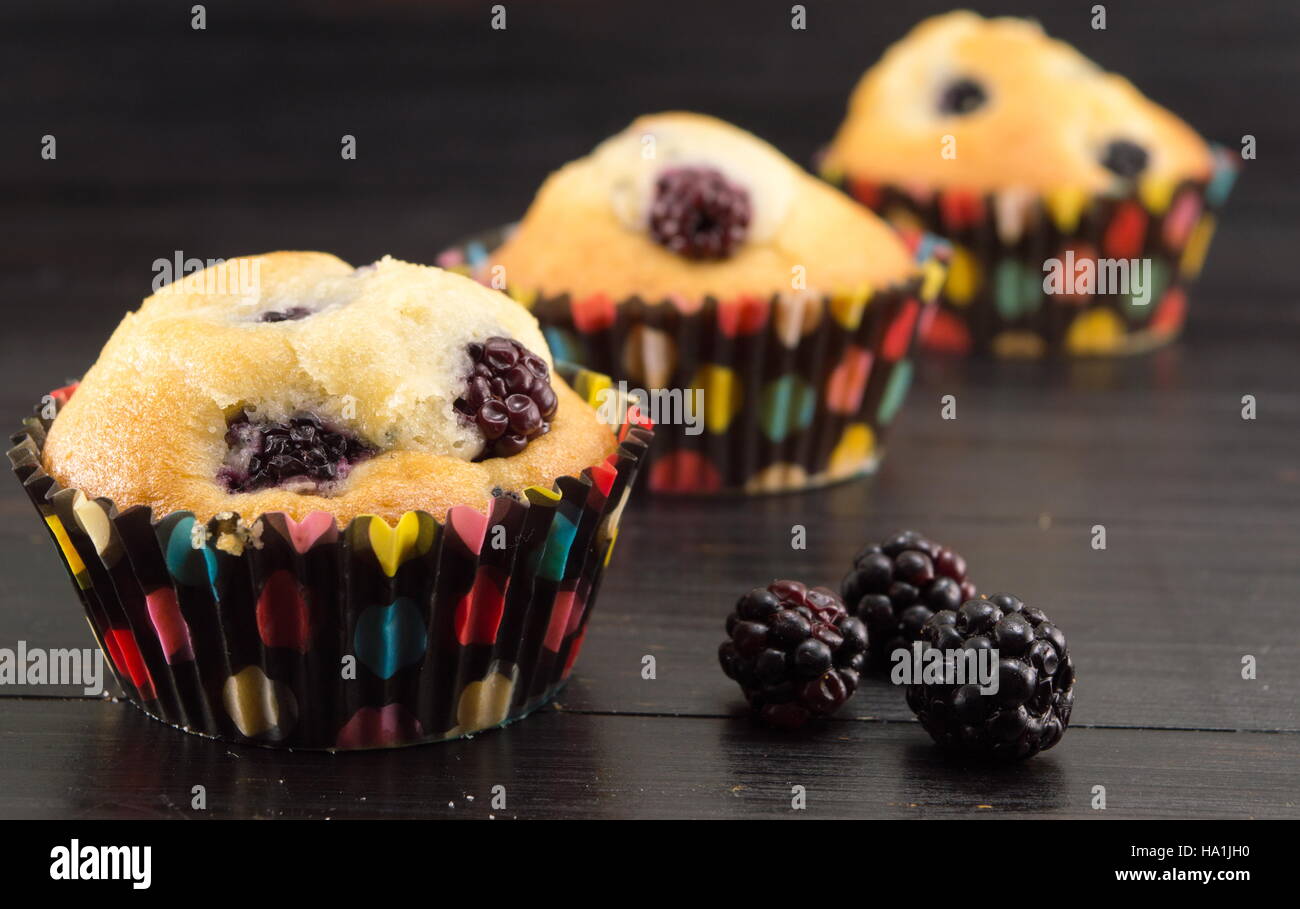 Blackberry fait maison muffins dans les tasses de papier avec des fruits Banque D'Images
