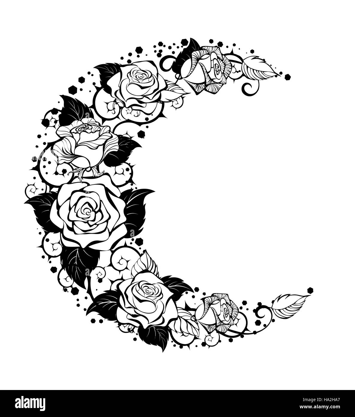 Lune mystique peintes en noir et contour tiges roses sur un fond blanc. Conception avec roses. Style de tatouage. De style gothique. Graphiques tribaux. Ske Style Illustration de Vecteur