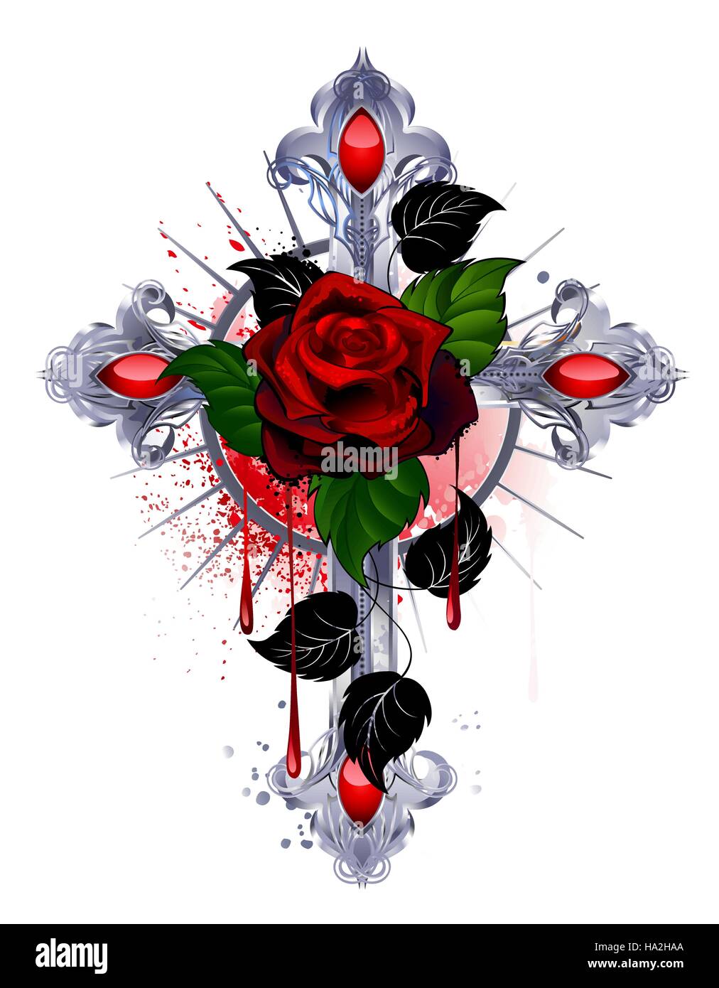 Croix d'argent avec une rose rouge et noir feuilles sur un fond blanc. Illustration de Vecteur